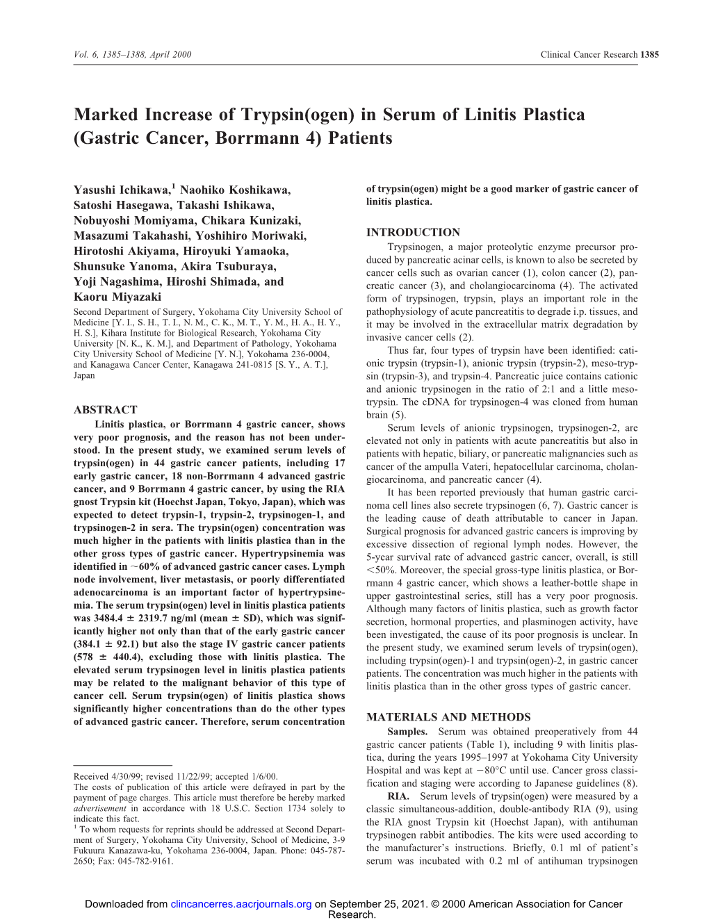 Marked Increase of Trypsin(Ogen) in Serum of Linitis Plastica (Gastric Cancer, Borrmann 4) Patients