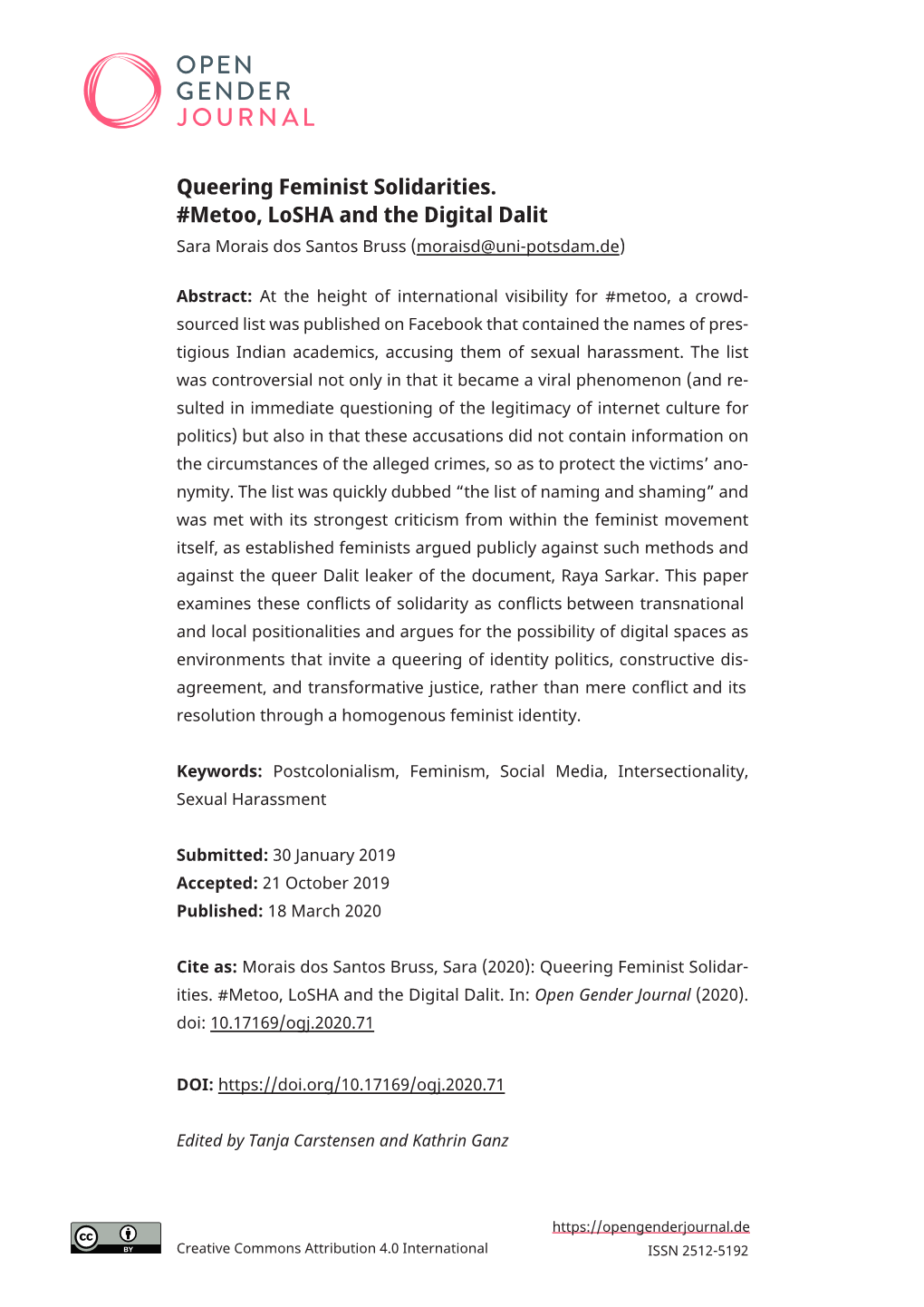 Queering Feminist Solidarities. #Metoo, Losha and the Digital Dalit Sara Morais Dos Santos Bruss (Moraisd@Uni-Potsdam.De)