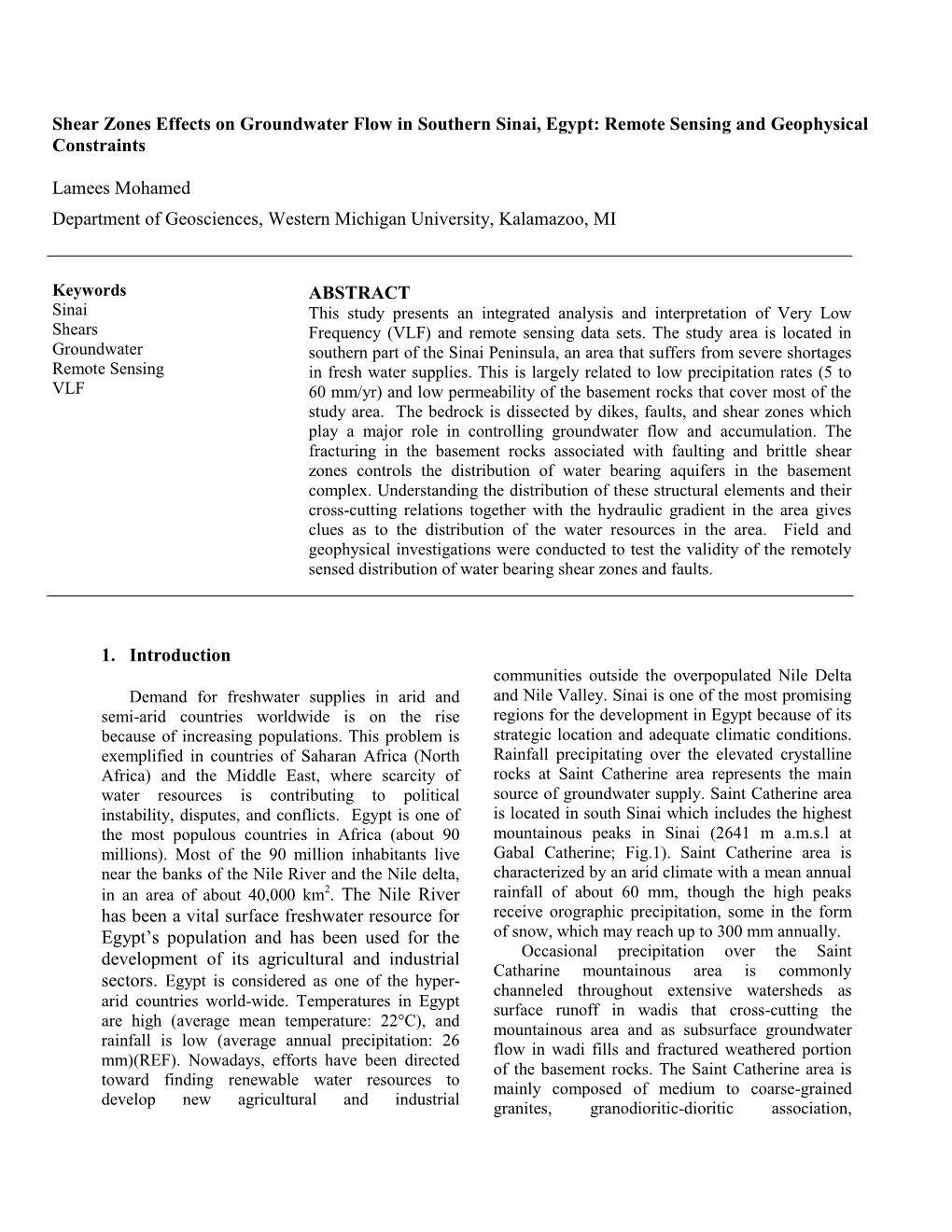 Shear Zones Effects on Groundwater Flow in Southern Sinai, Egypt: Remote Sensing and Geophysical Constraints