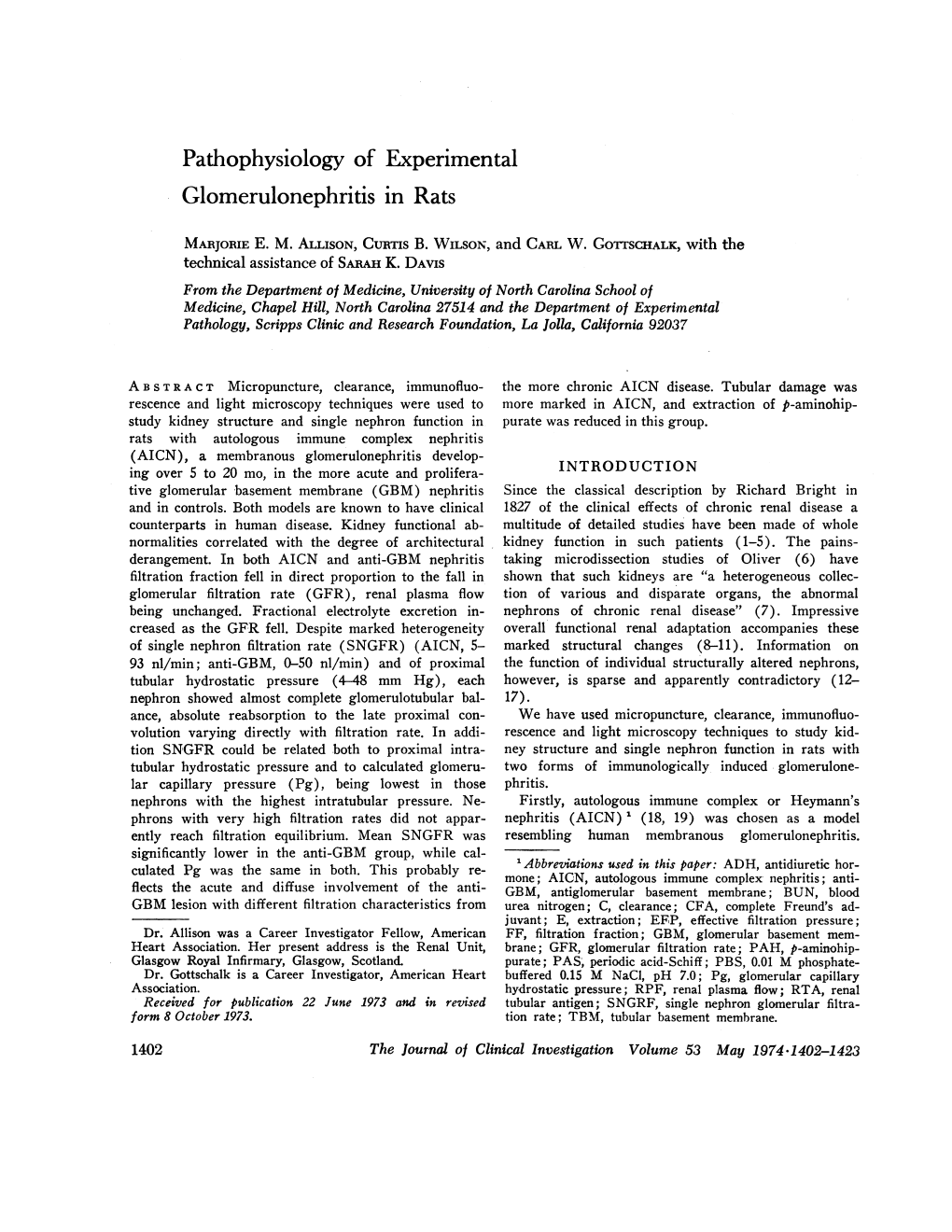 Pathophysiology of Experimental Glomerulonephritis Inrats