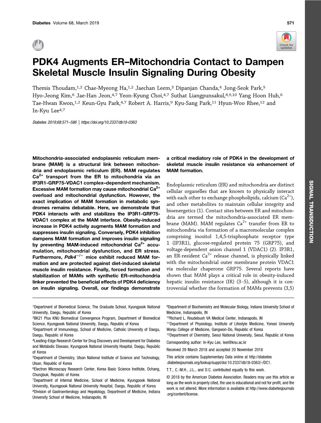 PDK4 Augments ER–Mitochondria Contact to Dampen Skeletal Muscle Insulin Signaling During Obesity
