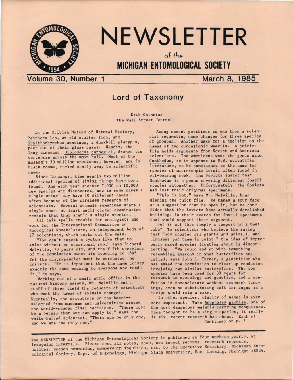 NEWSLETTER of the MICHIGAN ENTOMOLOGICAL SOCIETY Volume 30, Number 1 March 8, 1985