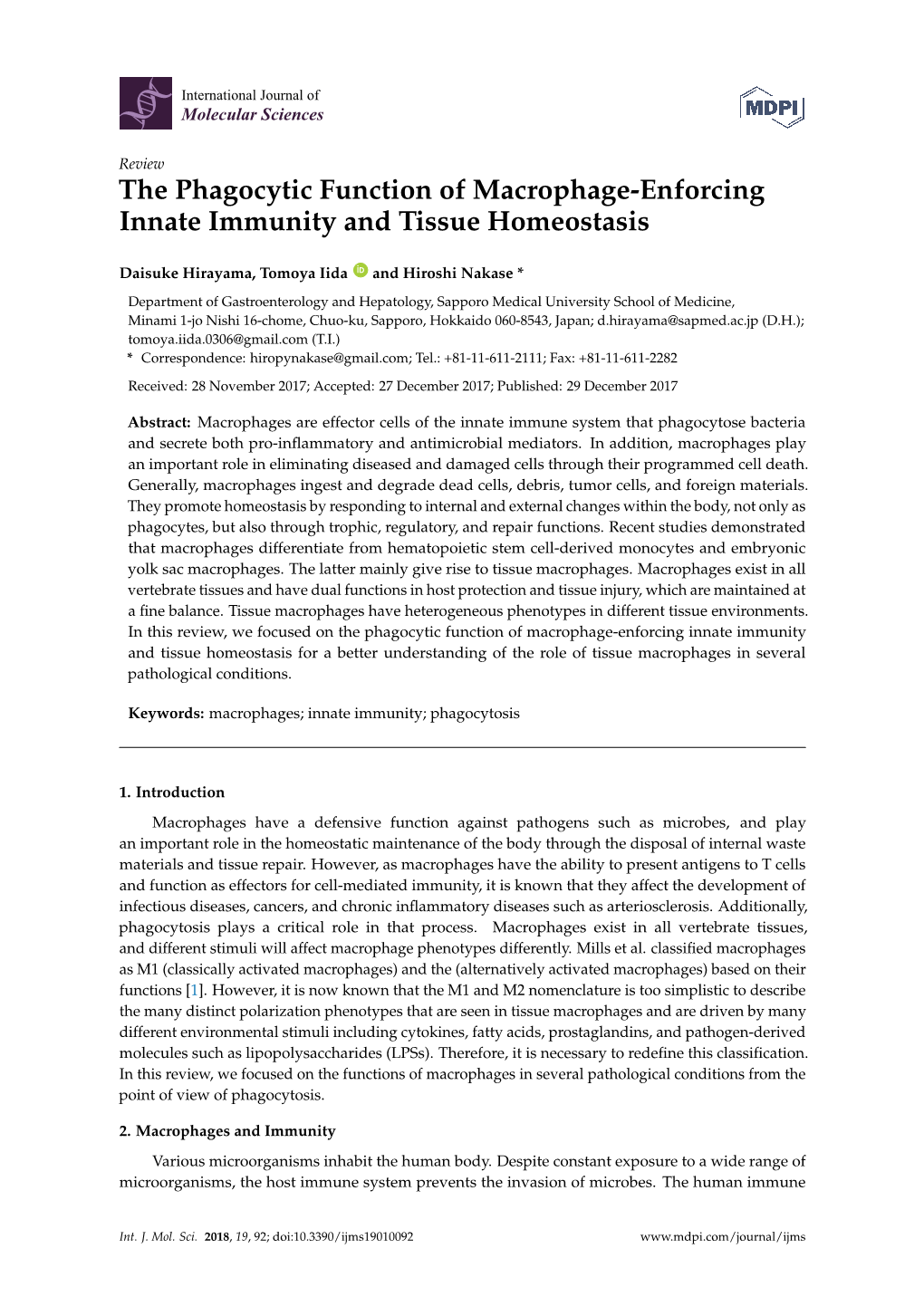 The Phagocytic Function of Macrophage-Enforcing Innate Immunity and Tissue Homeostasis