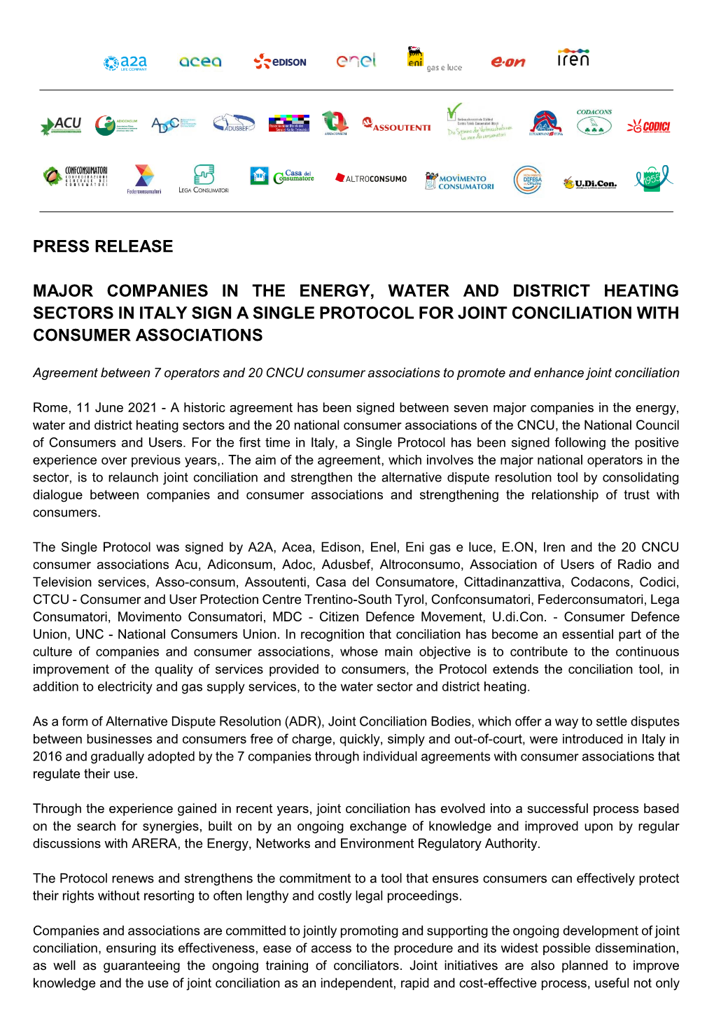 Major Companies in the Energy, Water and District Heating Sectors in Italy Sign a Single Protocol for Joint Conciliation with Consumer Associations