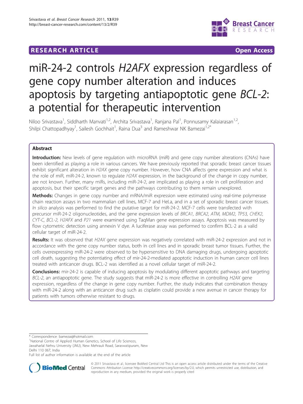 Mir-24-2 Controls H2AFX Expression Regardless of Gene Copy Number Alteration and Induces Apoptosis by Targeting Antiapoptotic Ge