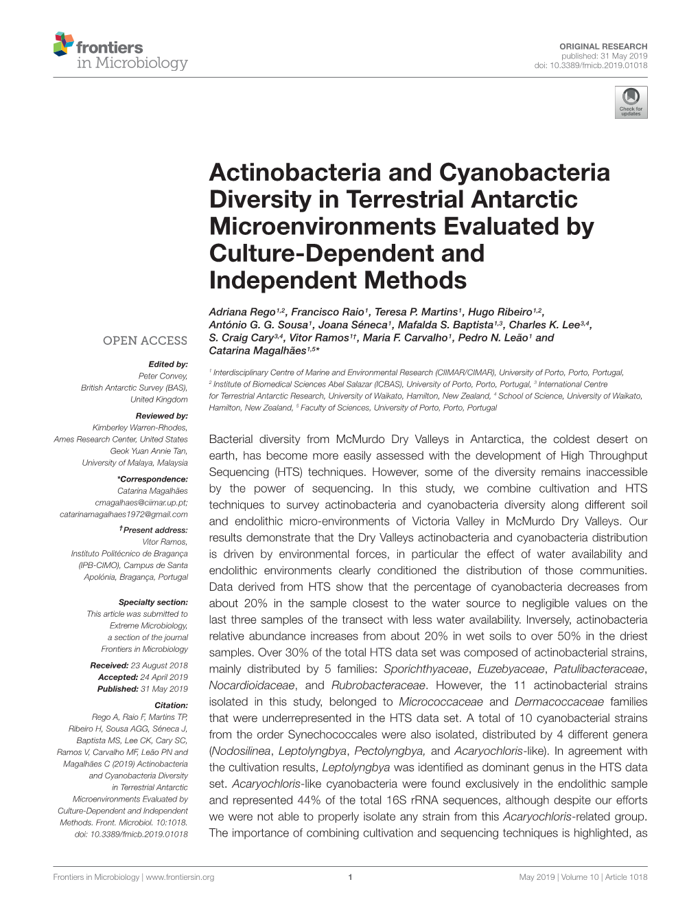 Actinobacteria and Cyanobacteria Diversity in Terrestrial Antarctic Microenvironments Evaluated by Culture-Dependent and Independent Methods