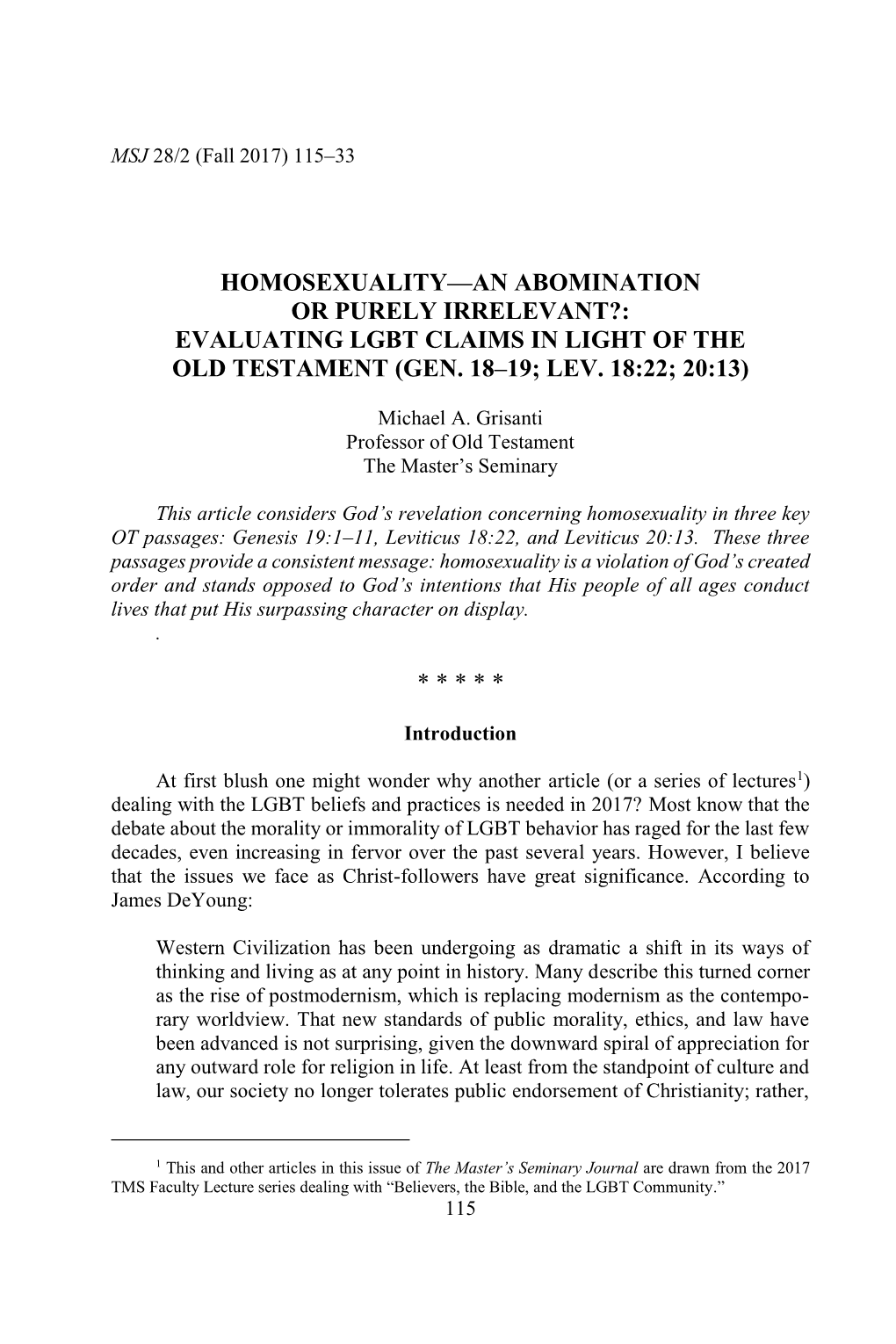 Evaluating Lgbt Claims in Light of the Old Testament (Gen. 18–19; Lev. 18:22; 20:13)