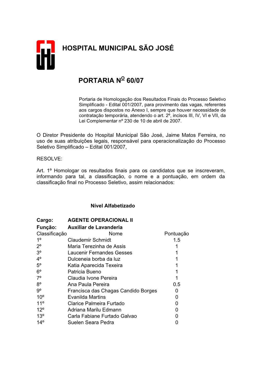 Portaria No 60/07 Hospital Municipal São José