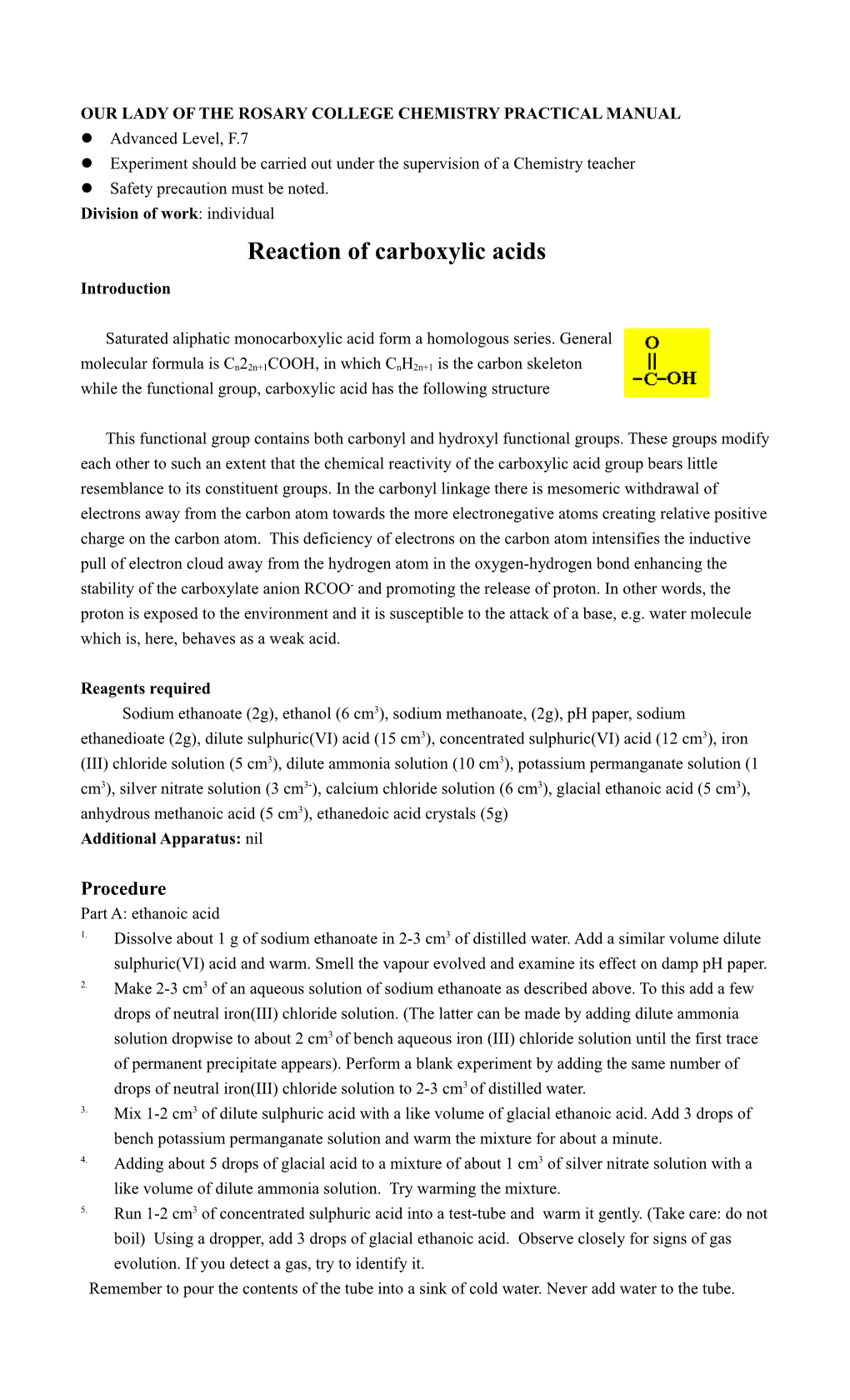 Our Lady of the Rosary College Chemistry Practical Manual