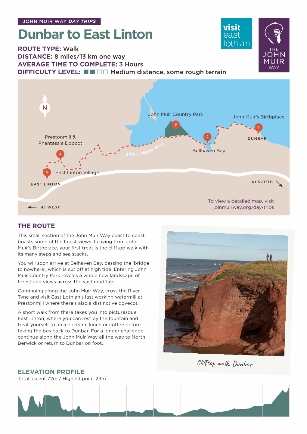 Dunbar to East Linton ROUTE TYPE: Walk DISTANCE: 8 Miles/13 Km One Way AVERAGE TIME to COMPLETE: 3 Hours DIFFICULTY LEVEL: Medium Distance, Some Rough Terrain