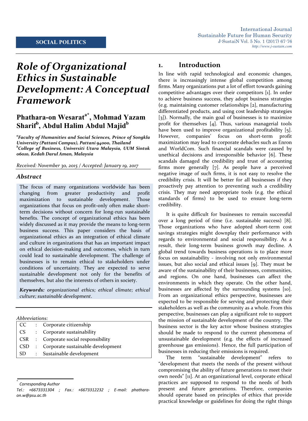 Role of Organizational Ethics in Sustainable Development