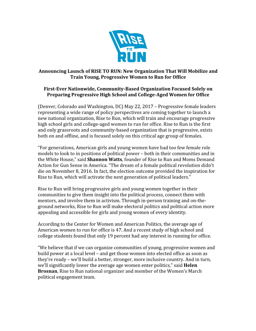 Announcing Launch of RISE to RUN: New Organization That Will Mobilize and Train Young, Progressive Women to Run for Office