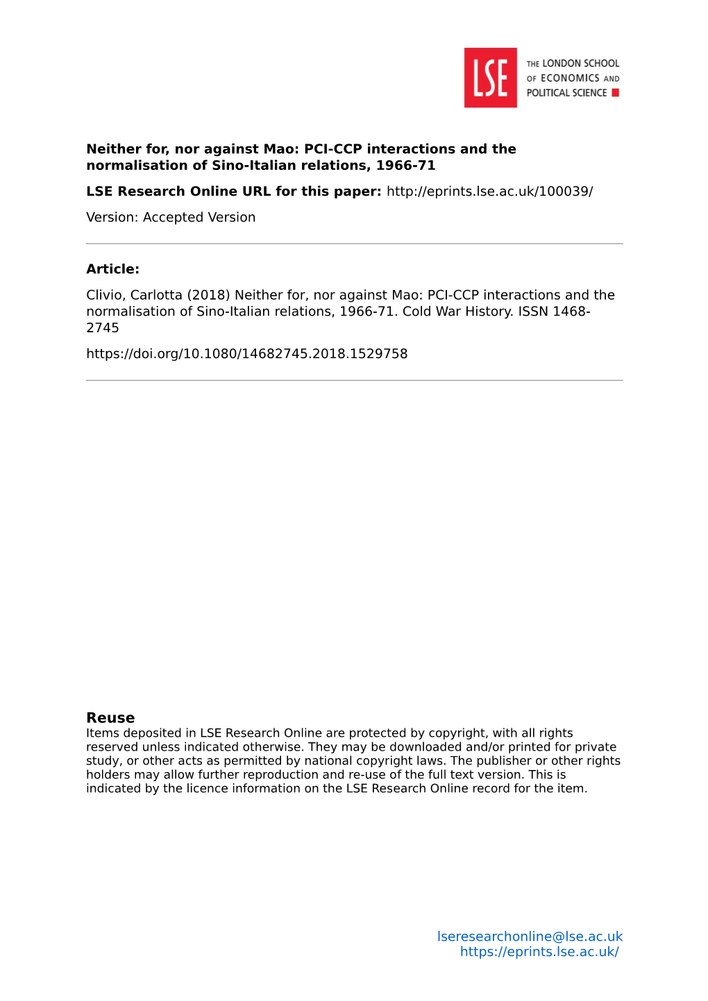 PCI-CCP Interactions and the Normalisation of Sino-Italian Relations, 1966-71