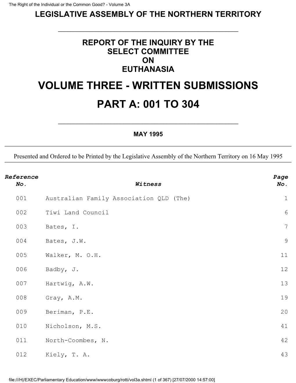 Volume 3A LEGISLATIVE ASSEMBLY of the NORTHERN TERRITORY