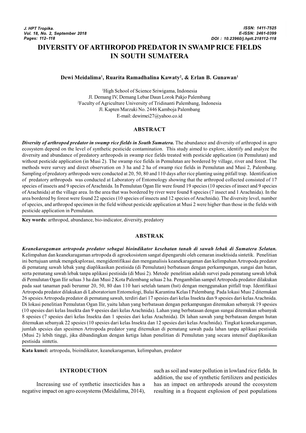 Diversity of Arthropod Predator in Swamp Rice Fields in South Sumatera