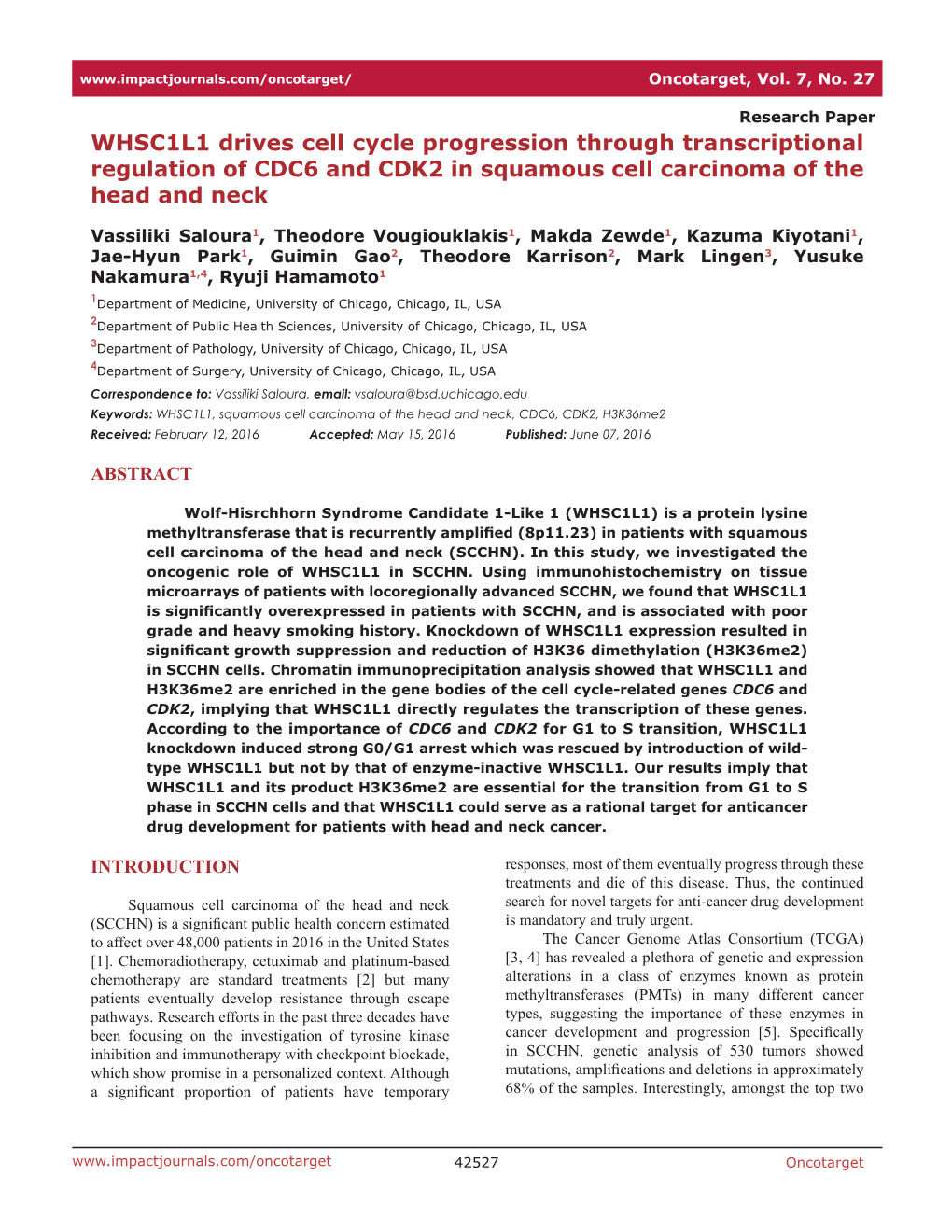 WHSC1L1 Drives Cell Cycle Progression Through Transcriptional Regulation of CDC6 and CDK2 in Squamous Cell Carcinoma of the Head and Neck