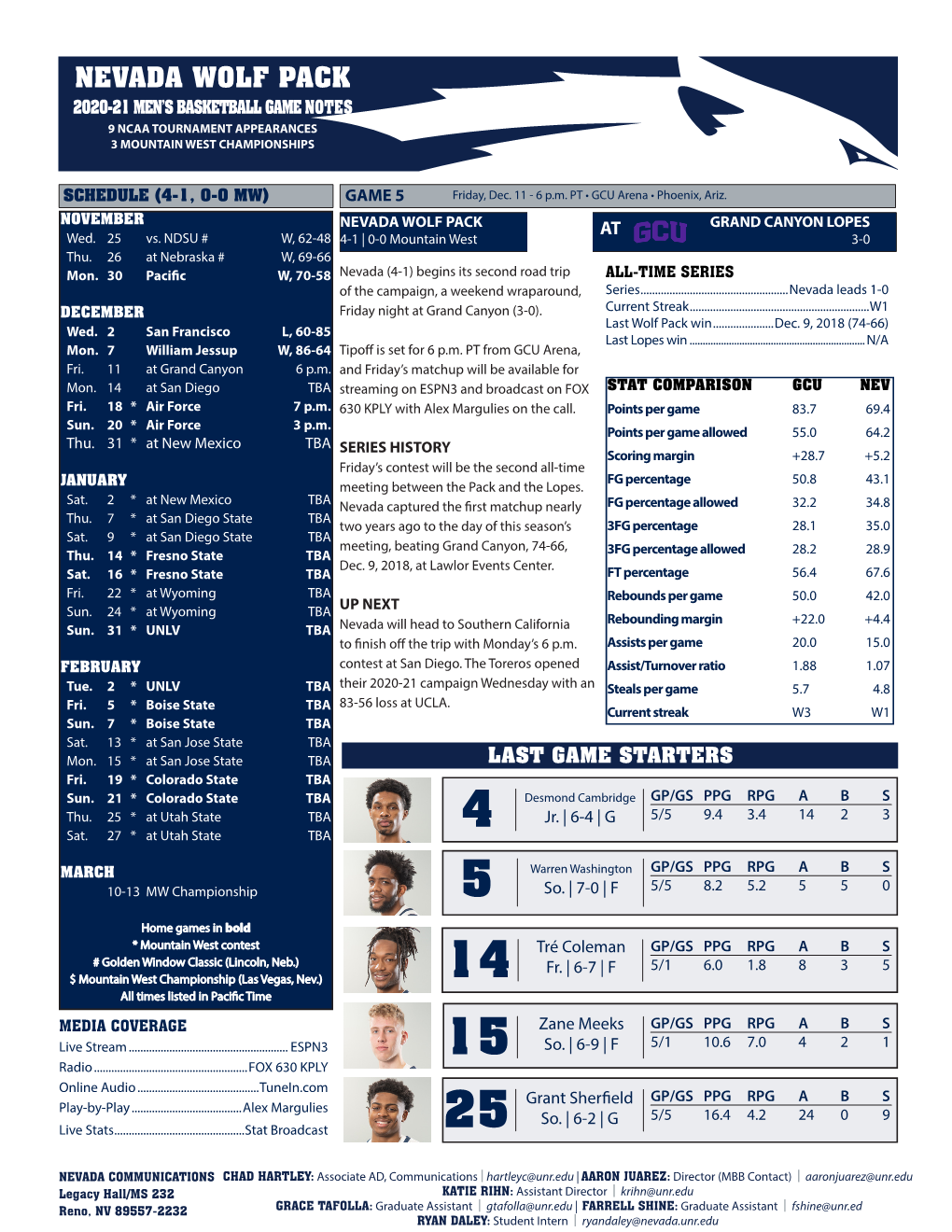 Nevada Wolf Pack 2020-21 Men’S Basketball Game Notes 9 Ncaa Tournament Appearances 3 Mountain West Championships