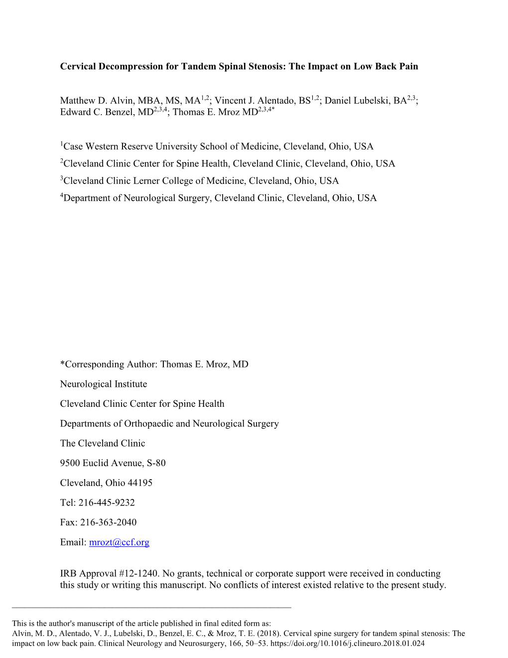 Cervical Decompression for Tandem Spinal Stenosis: the Impact on Low Back Pain