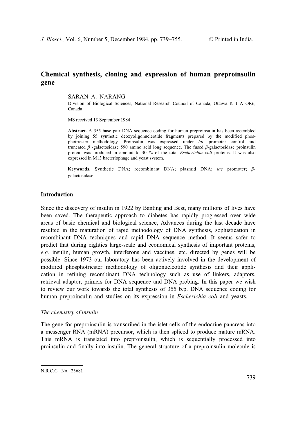 Chemical Synthesis, Cloning and Expression of Human Preproinsulin Gene