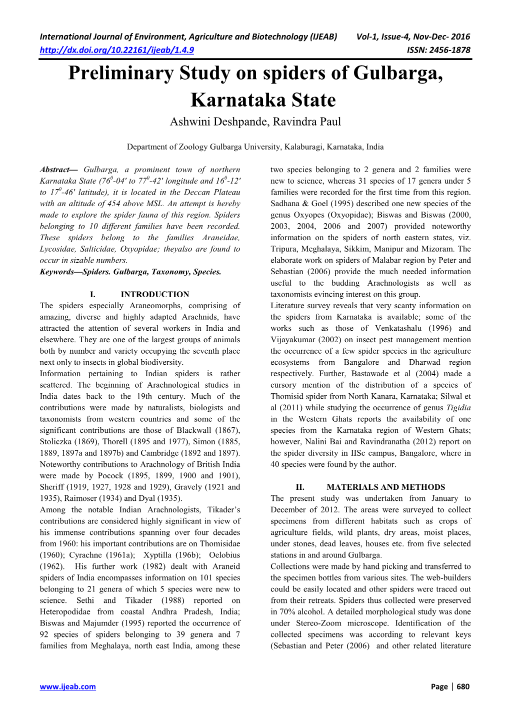 Preliminary Study on Spiders of Gulbarga, Karnataka State Ashwini Deshpande, Ravindra Paul