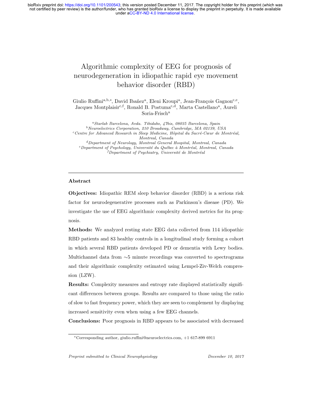 Algorithmic Complexity of EEG for Prognosis of Neurodegeneration in Idiopathic Rapid Eye Movement Behavior Disorder (RBD)