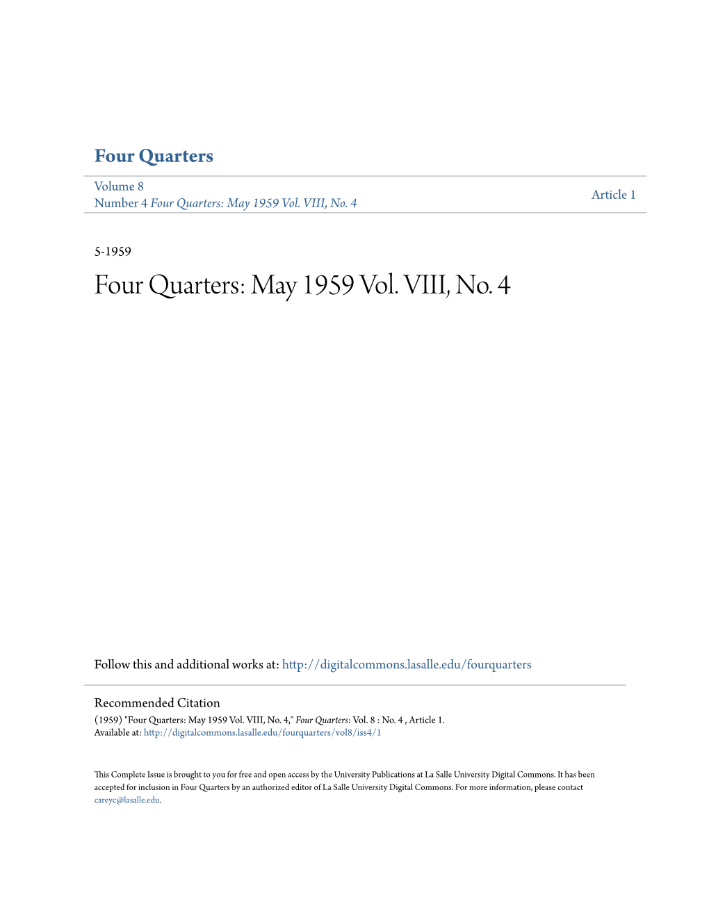 Four Quarters Volume 8 Article 1 Number 4 Four Quarters: May 1959 Vol