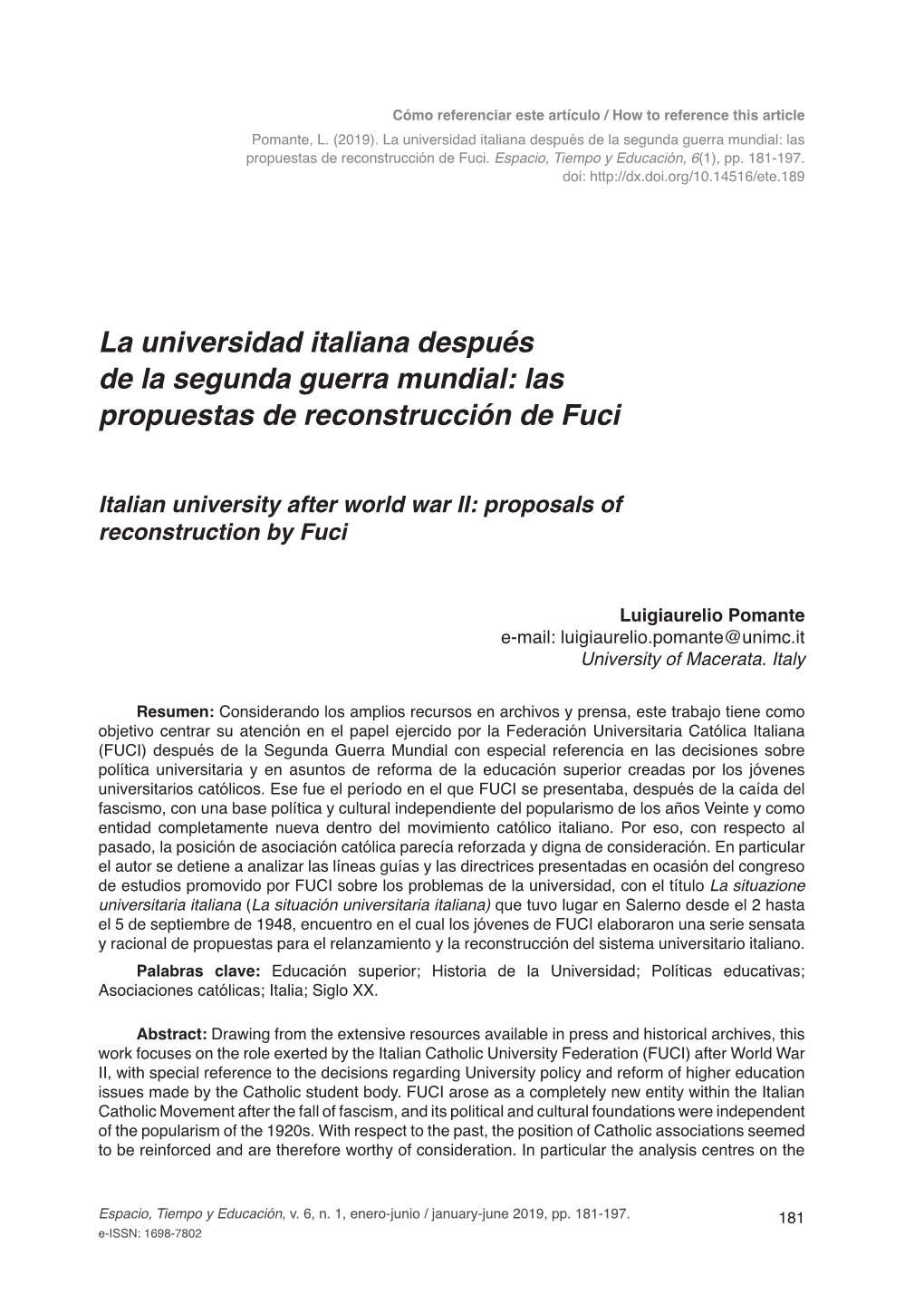 La Universidad Italiana Después De La Segunda Guerra Mundial: Las Propuestas De Reconstrucción De Fuci