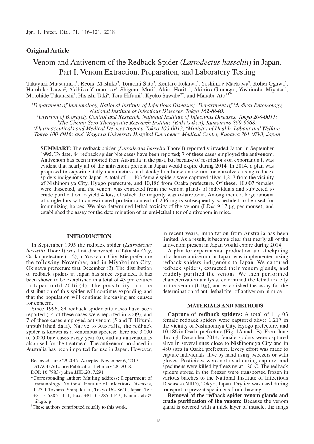 Venom and Antivenom of the Redback Spider (Latrodectus Hasseltii) in Japan