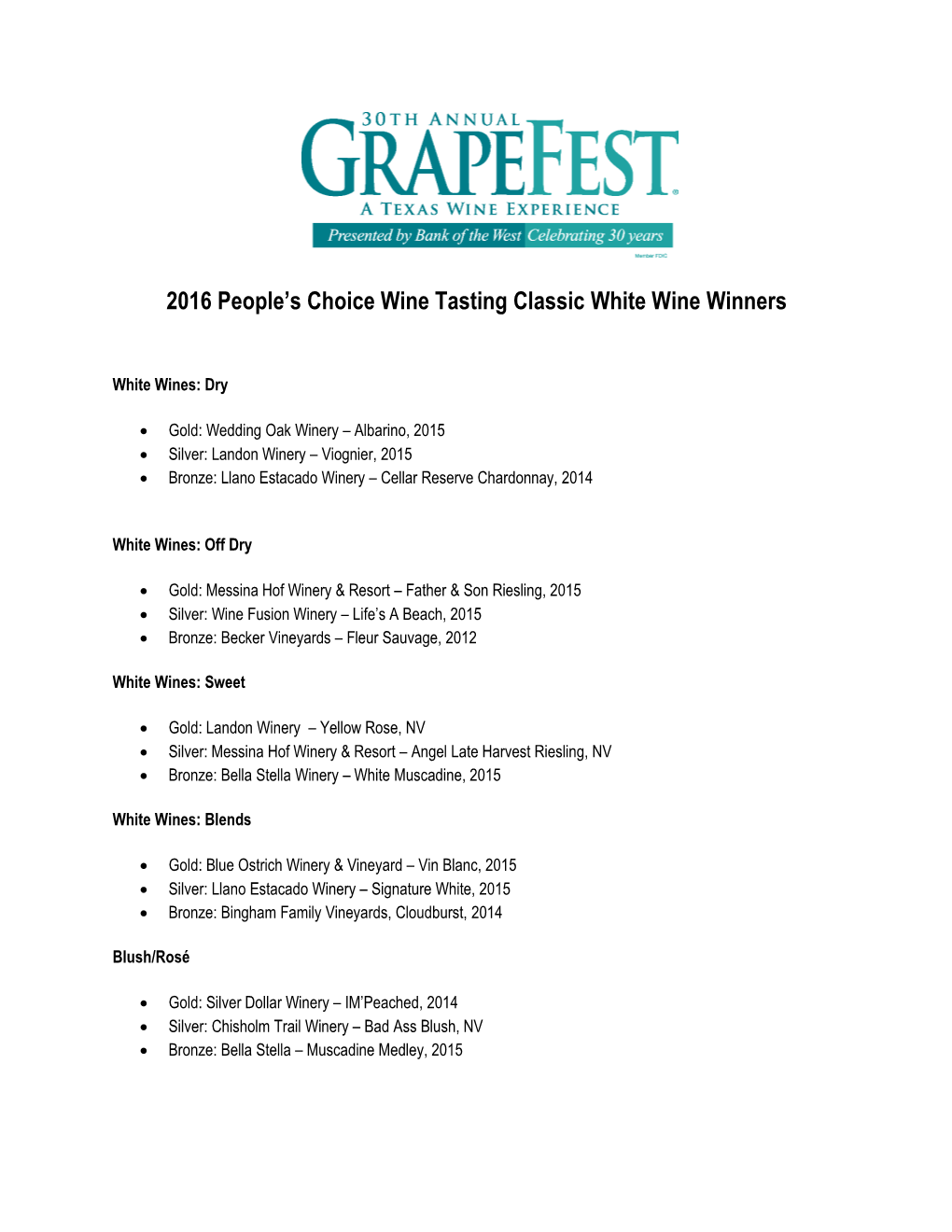 2016 People's Choice Wine Tasting Classic White Wine Winners