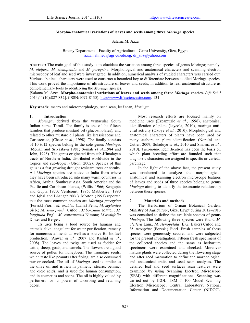 Life Science Journal 2014;11(10) 827 Morpho-Anatomical Variations of Leaves and Seeds Among