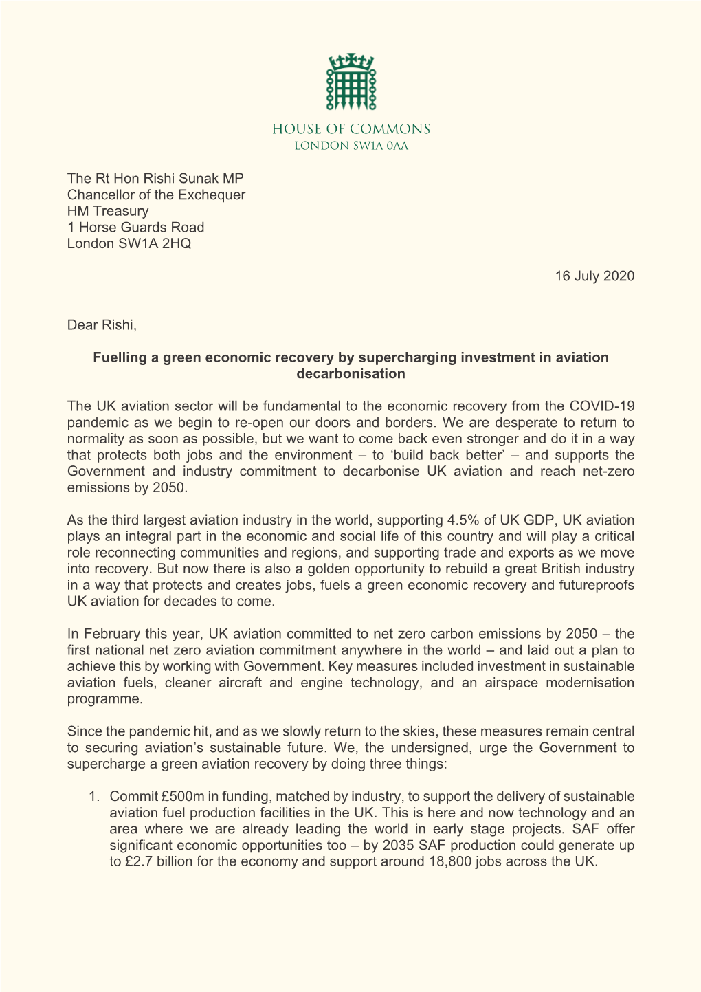 Aviation Letter to Chancellor