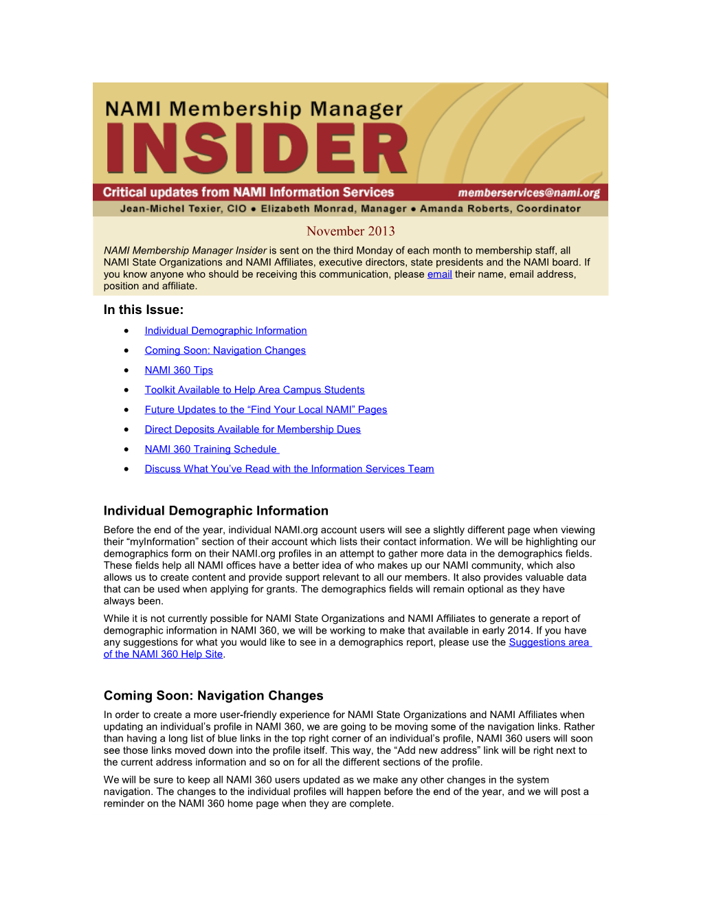 November 2013 NAMI Membership Manager Insider Is Sent on the Third Monday of Each Month