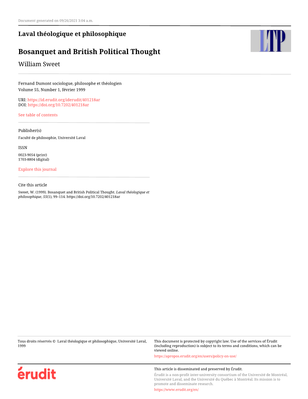 Bosanquet and British Political Thought William Sweet