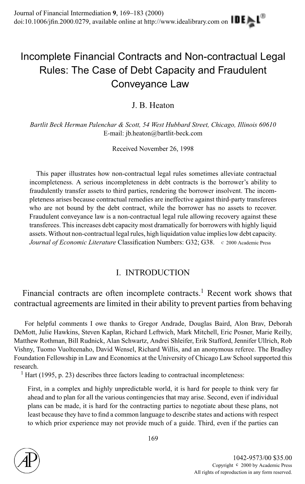 Incomplete Financial Contracts and Non-Contractual Legal Rules: the Case of Debt Capacity and Fraudulent � Conveyance Law