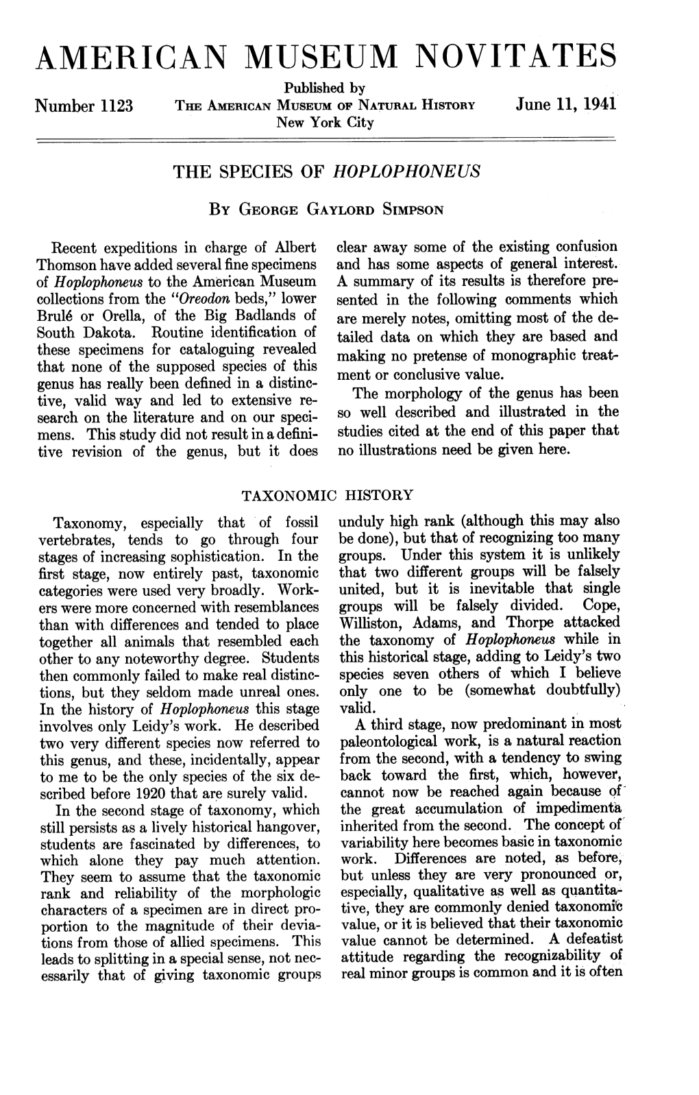 AMERICAN MUSEUM NOVITATES Published by Number 1123 the AMERICAN MUSEUM of NATURAL HISTORY June 11, 1941 New York City