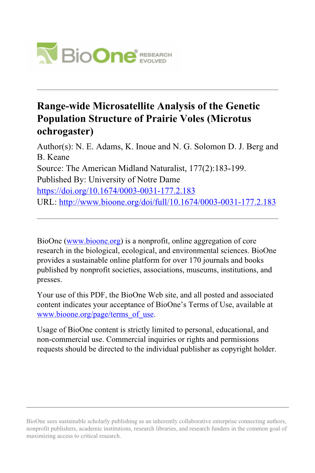 Range-Wide Microsatellite Analysis of the Genetic Population Structure of Prairie Voles (Microtus Ochrogaster) Author(S): N