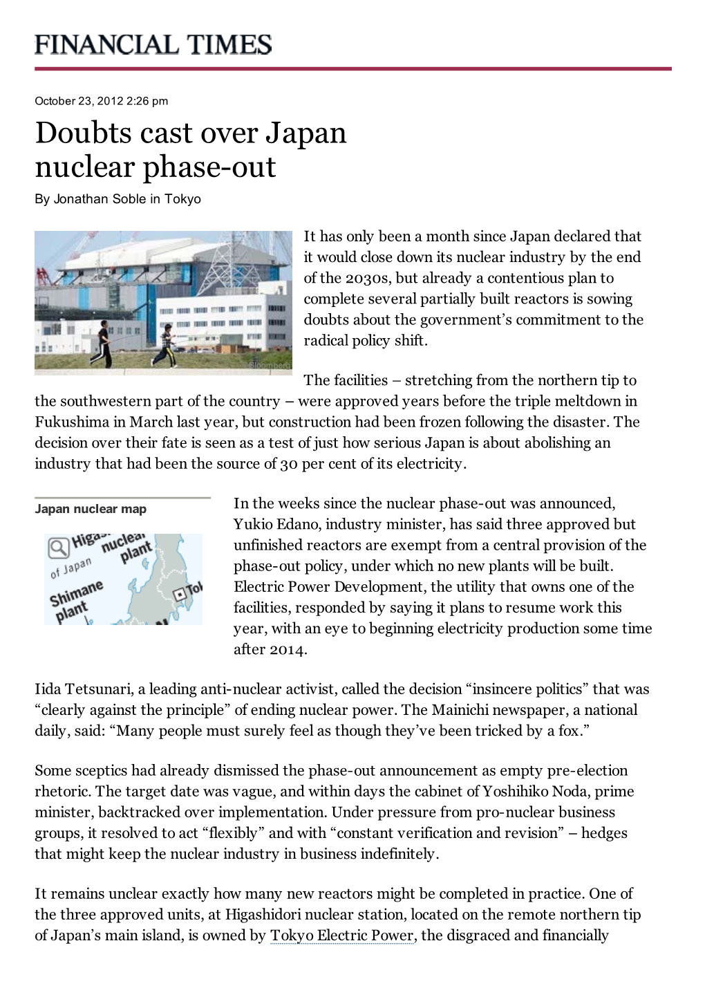 Doubts Cast Over Japan Nuclear Phase-Out - FT.Com