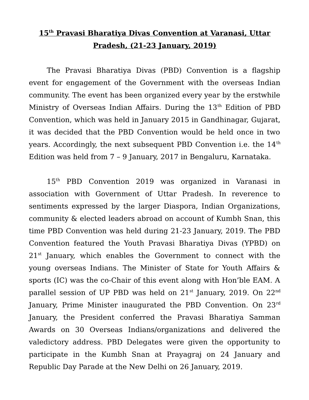 (21-23 January, 2019) the Pravasi Bharatiya Divas (PBD) Co