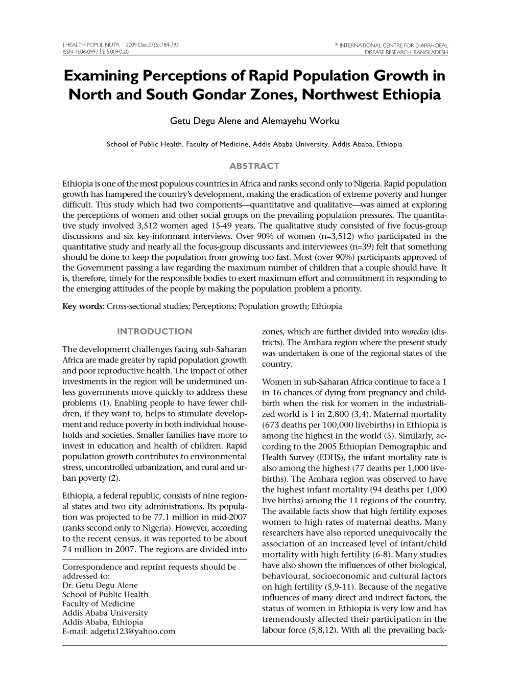 Examining Perceptions of Rapid Population Growth in North and South Gondar Zones, Northwest Ethiopia