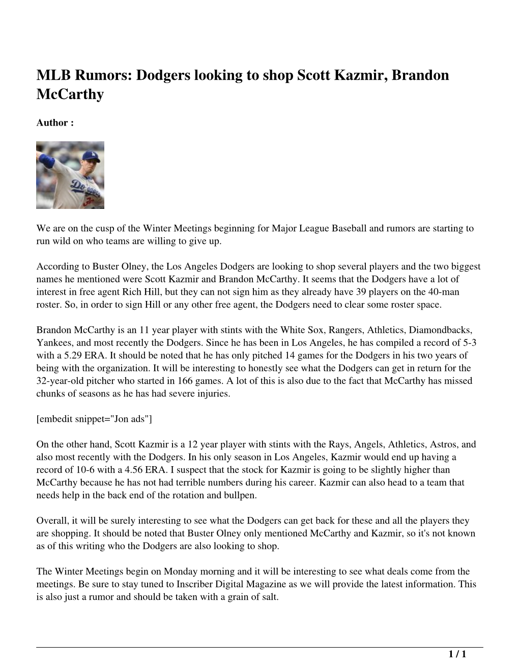 MLB Rumors: Dodgers Looking to Shop Scott Kazmir, Brandon Mccarthy