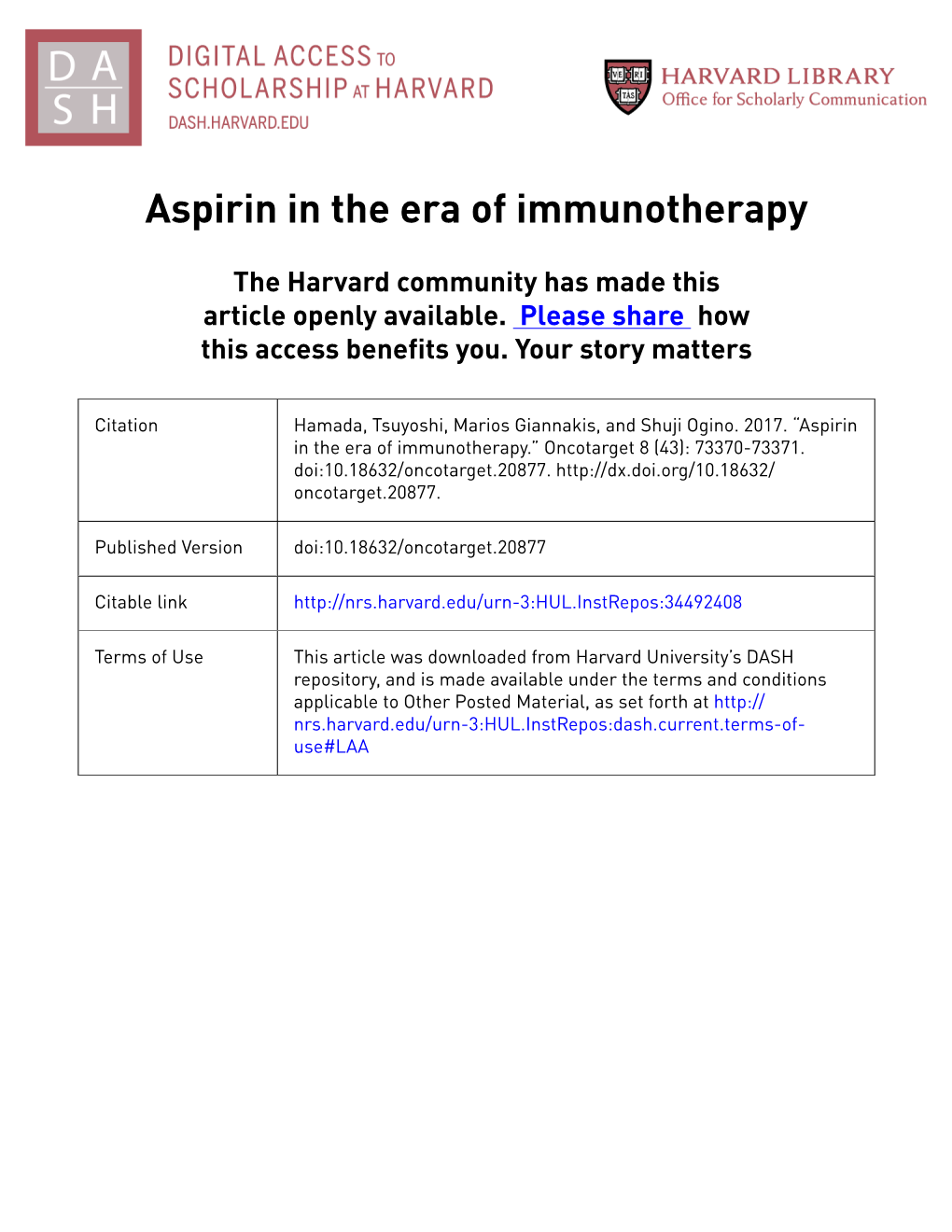 Aspirin in the Era of Immunotherapy