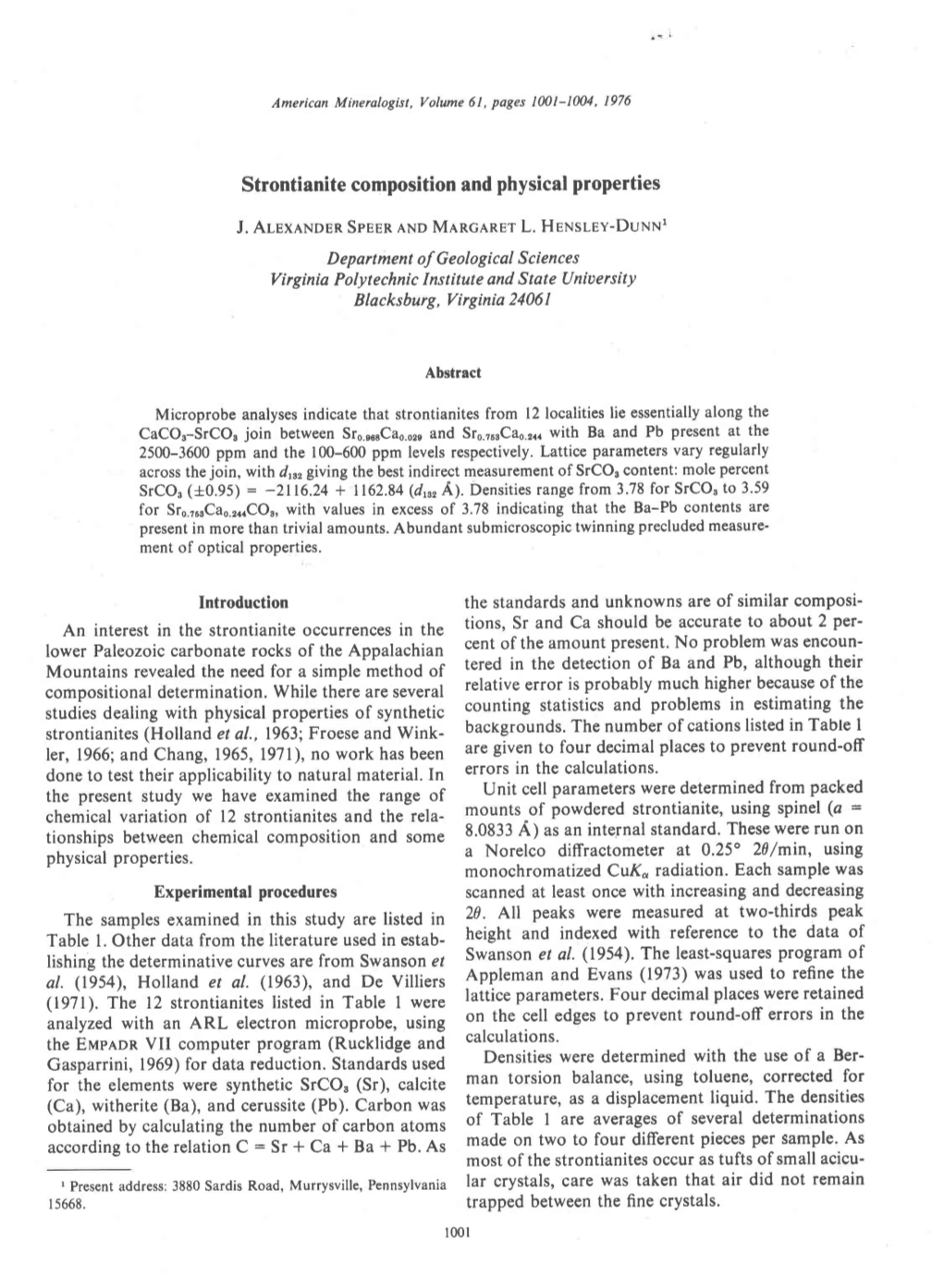 Strontianite Composition and Physical Properties