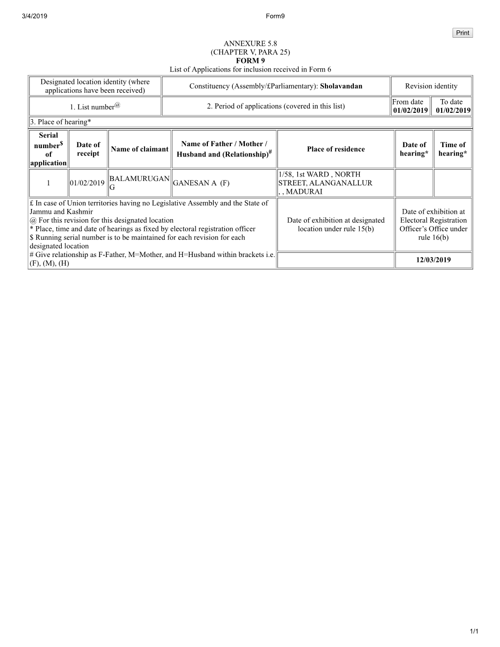 ANNEXURE 5.8 (CHAPTER V, PARA 25) FORM 9 List of Applications For