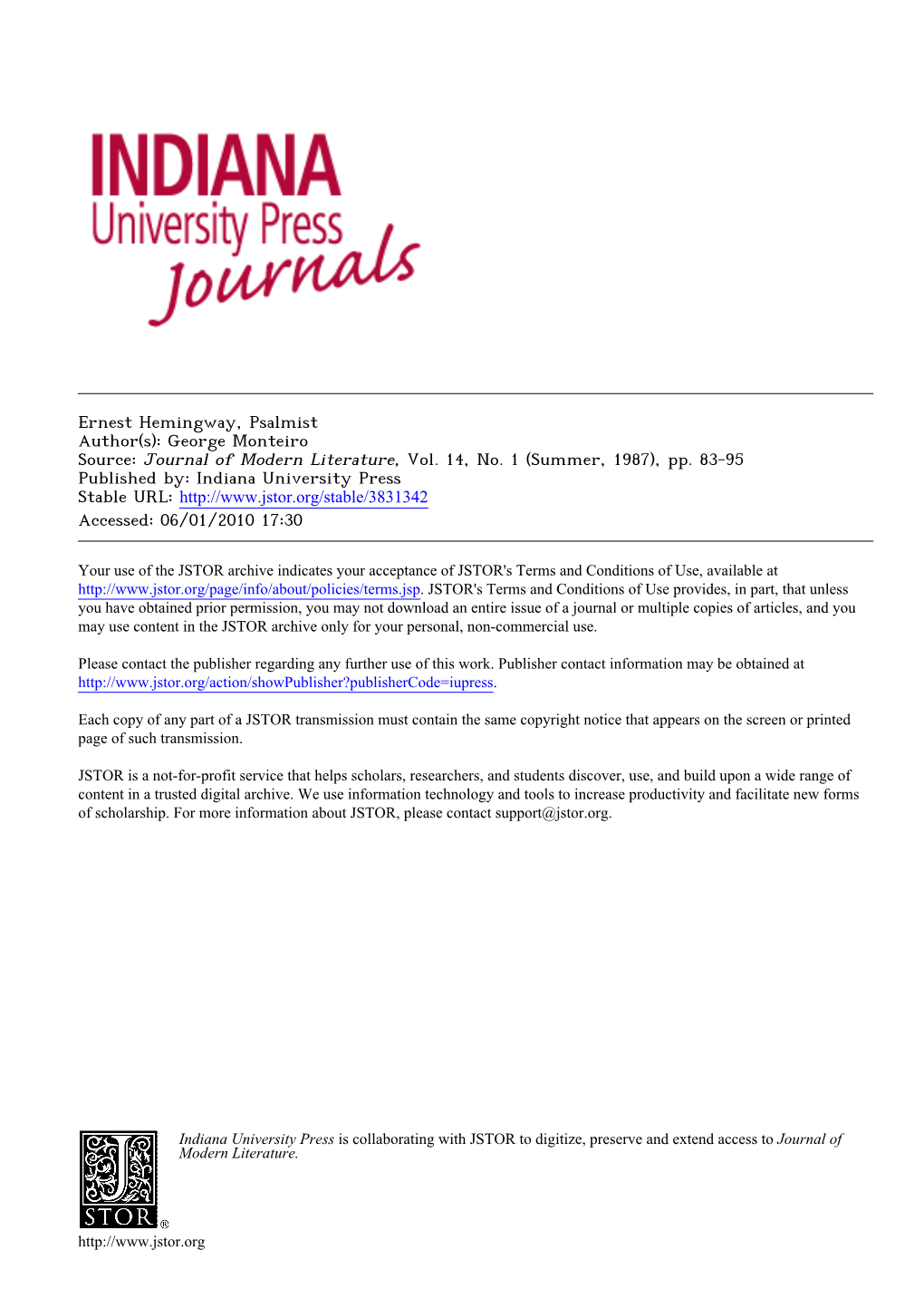 Ernest Hemingway, Psalmist Author(S): George Monteiro Source: Journal of Modern Literature, Vol