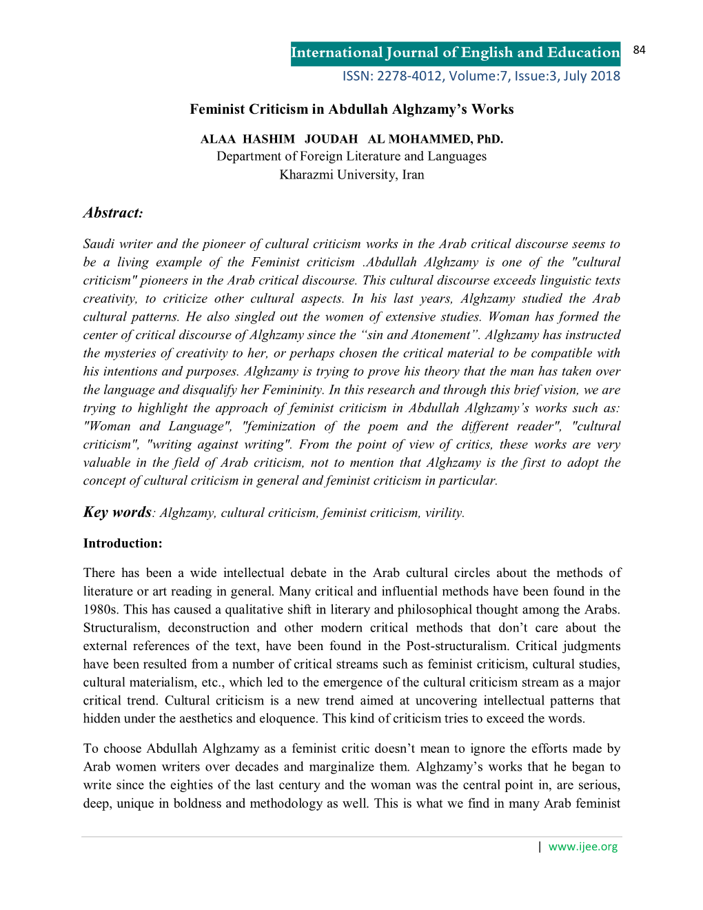 International Journal of English and Education Abstract
