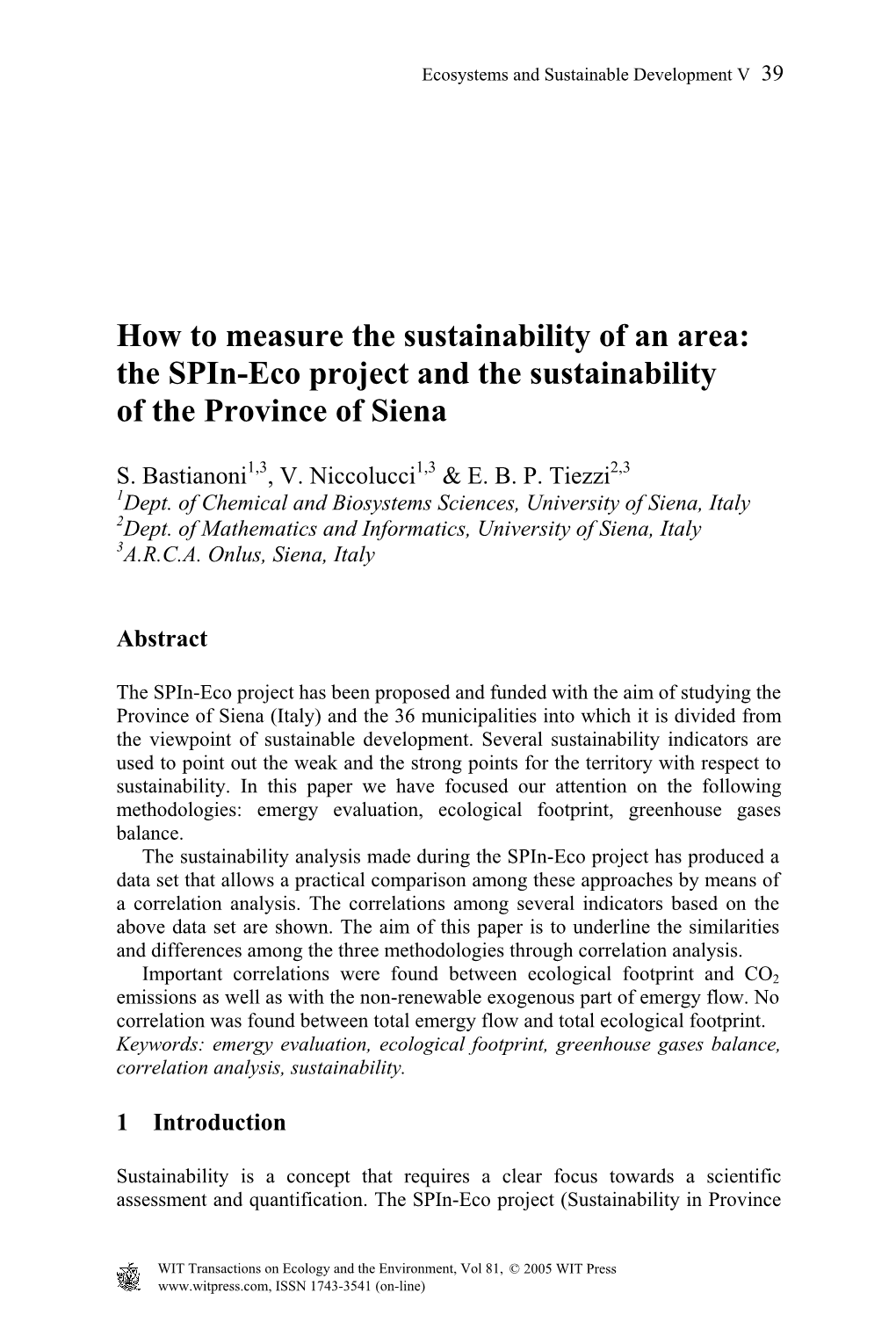 The Spin-Eco Project and the Sustainability of the Province of Siena