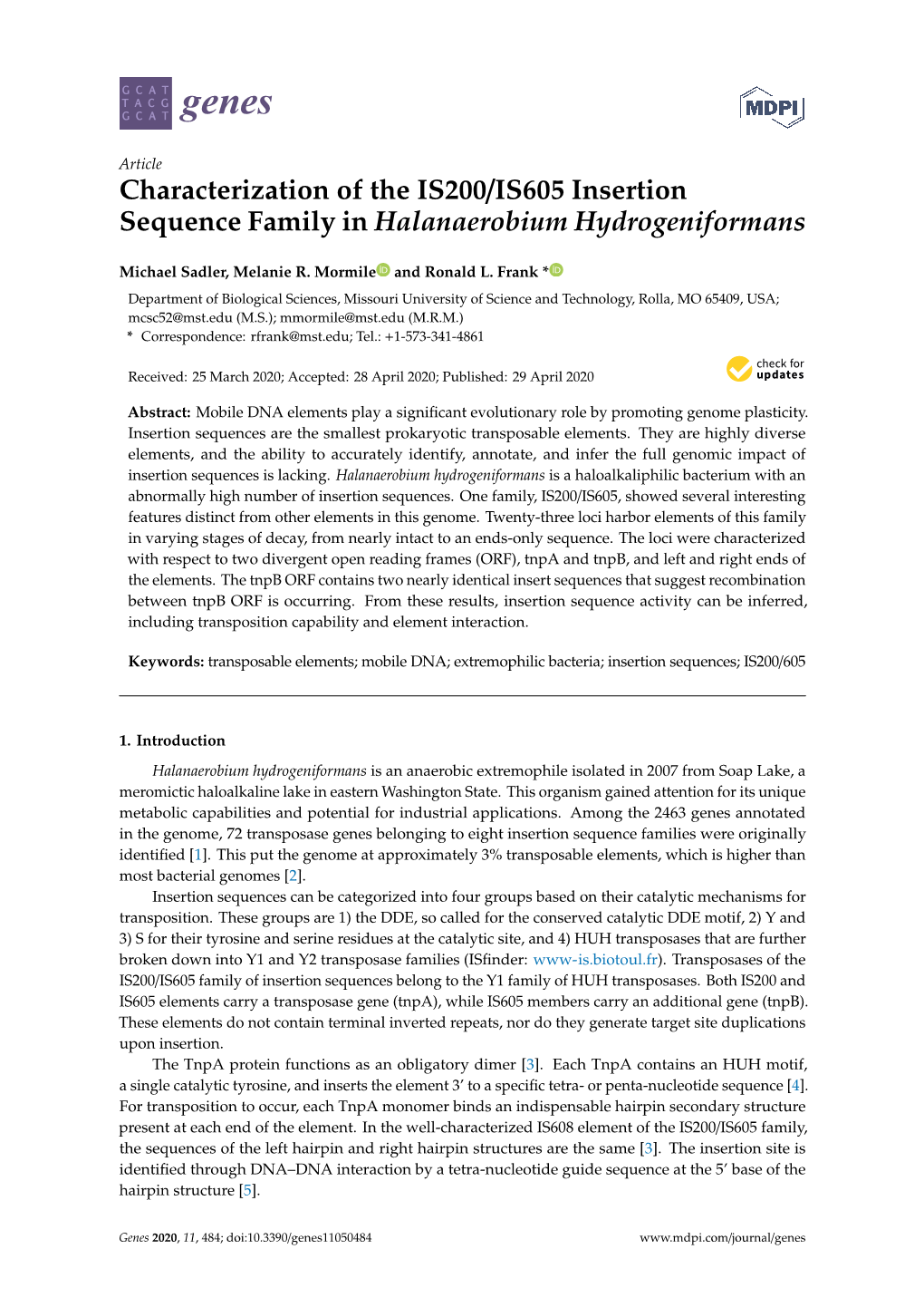 Characterization of the IS200/IS605 Insertion Sequence Family in Halanaerobium Hydrogeniformans