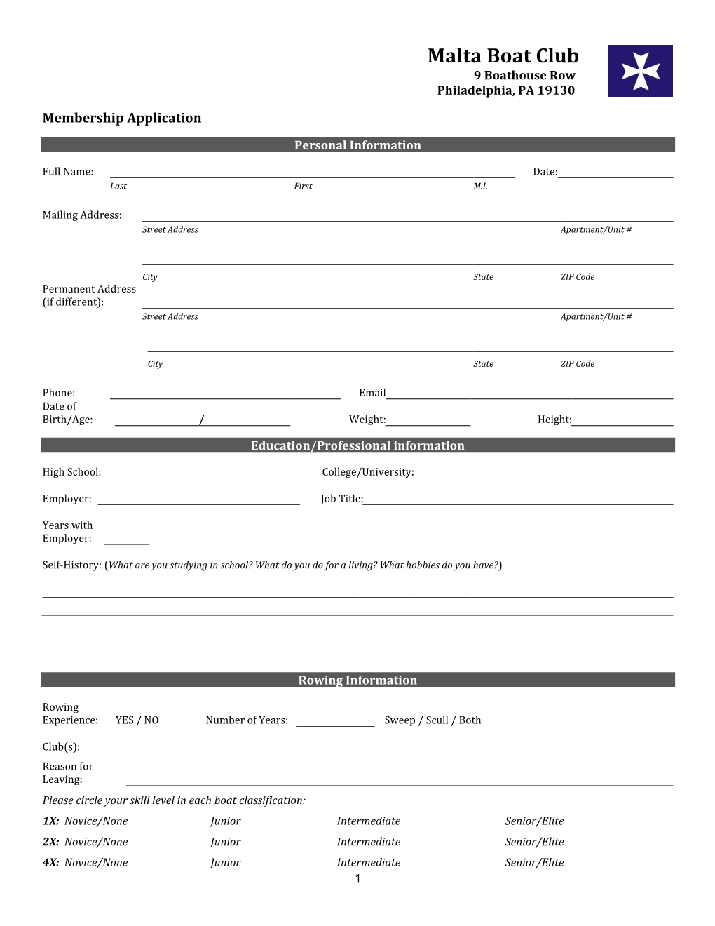 Malta Boat Club Membership Application