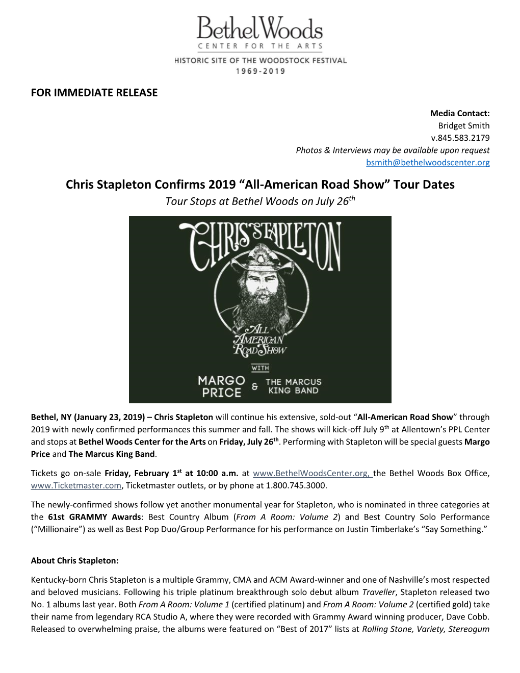 Chris Stapleton Confirms 2019 “All-American Road Show” Tour Dates Tour Stops at Bethel Woods on July 26Th