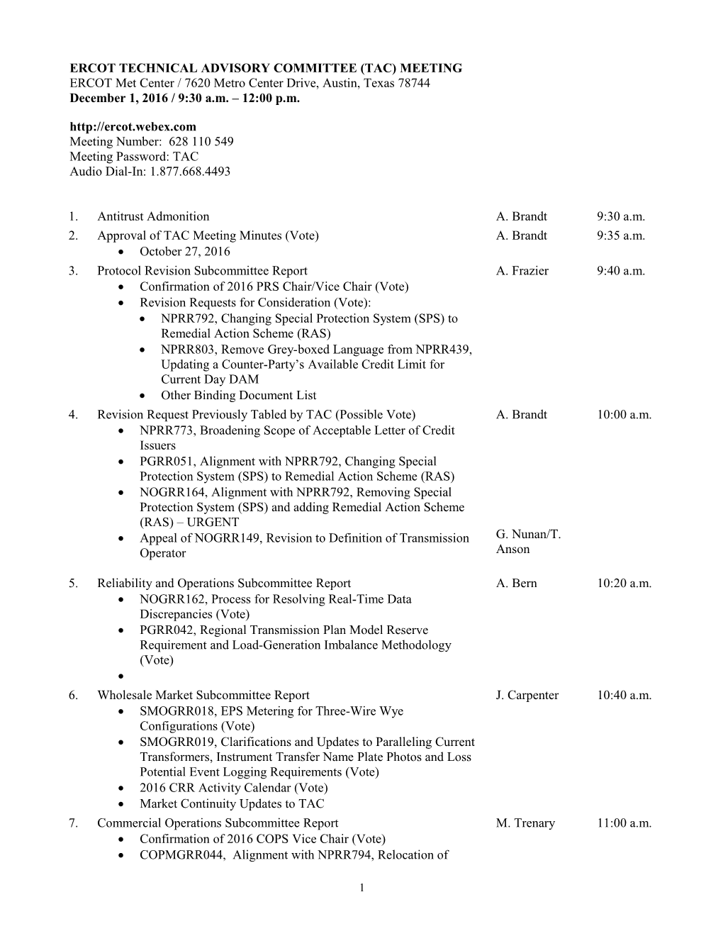 Ercot Technical Advisory Committee (Tac) Meeting s1